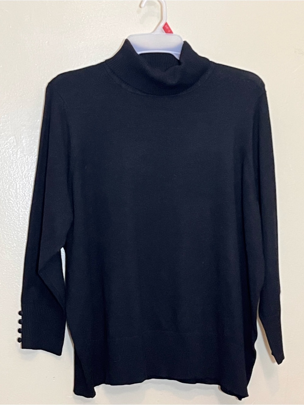 Classic Black Turtleneck Sweater with Button-Trim Cuffs